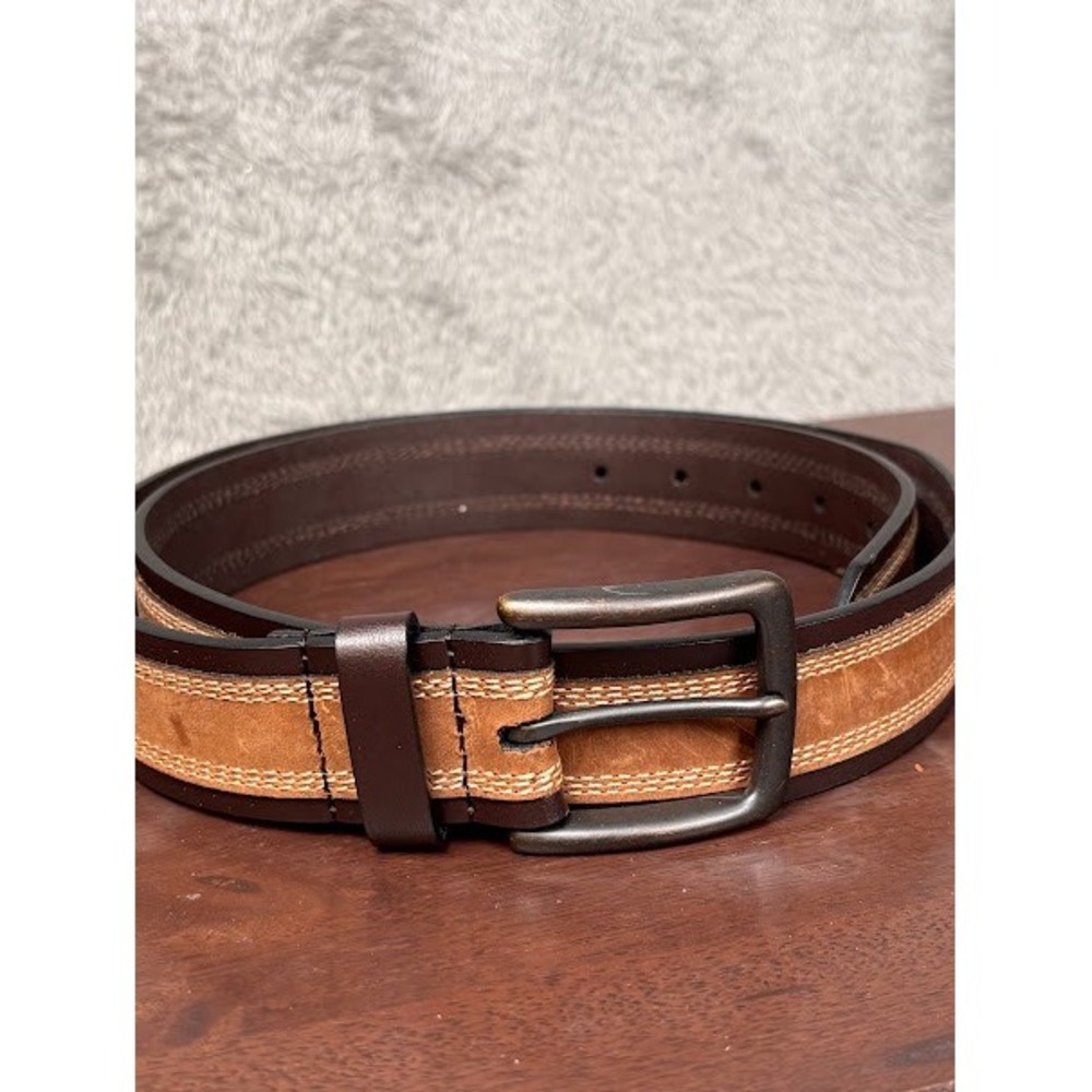 1873 Leather Mens Size 40 Brown Tan Stitched Inlay Belt Gunmetal Buckle Rugged